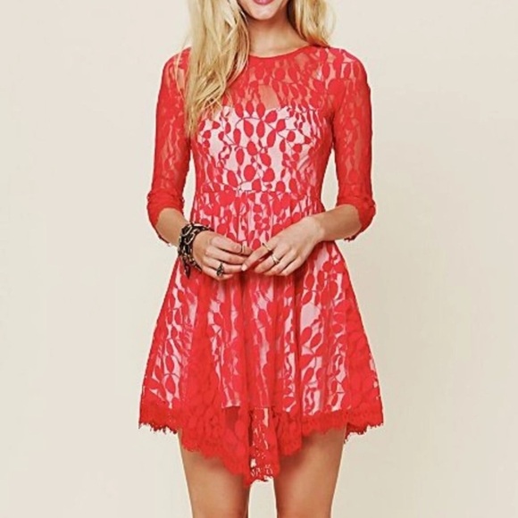 𝐅𝐑𝐄𝐄 𝐏𝐄𝐎𝐏𝐋𝐄 Floral Mesh Lace Dress Red size 0 - Picture 1 of 8